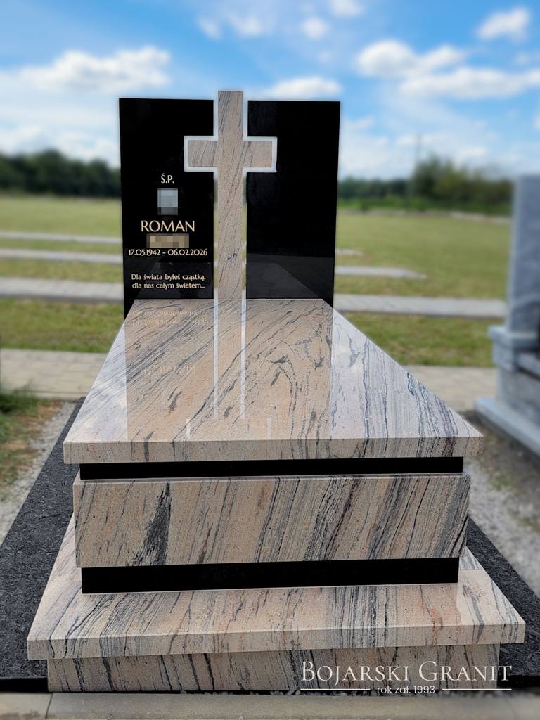 Nagrobek pojedynczy z granitów "Prada Gold" i "Warangal Black" z przestrzennym krzyżem