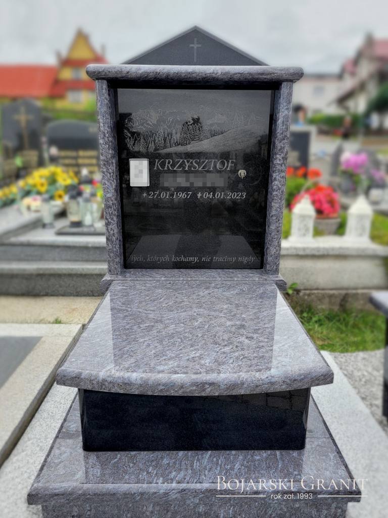 Nagrobek urnowy z granitu "Orion" oraz czarnego "Premium Black" z charakterystycznym daszkiem
