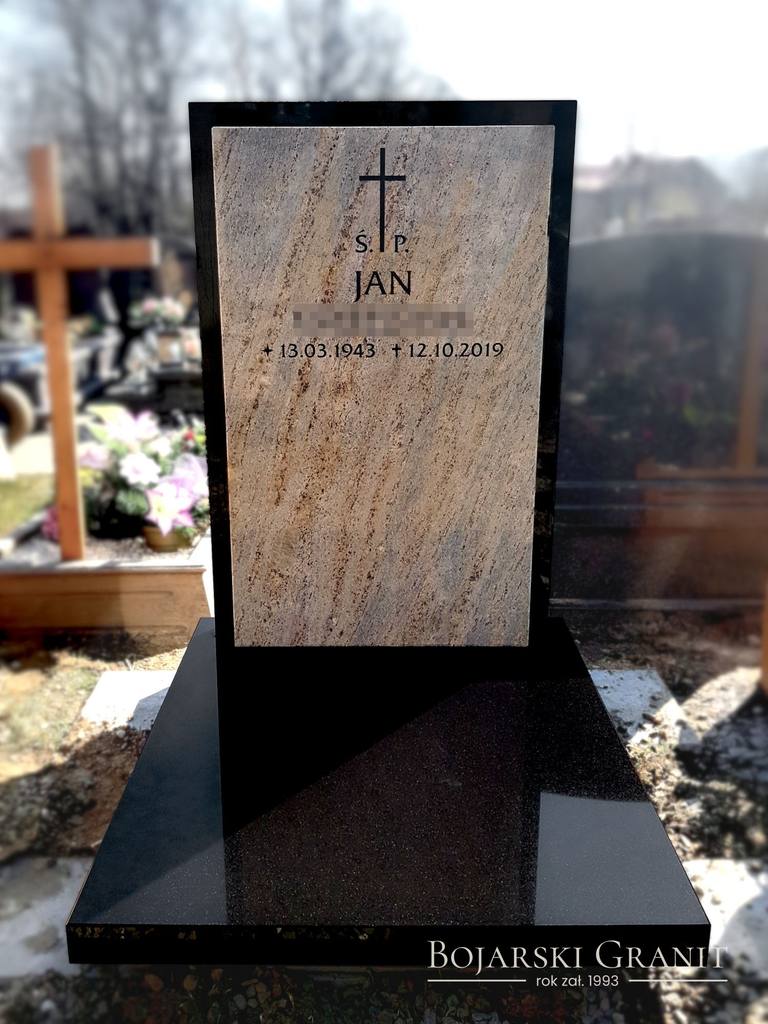 Minimalistyczny nagrobek urnowy z granitów "Kashmir Gold" i "Indian Black"