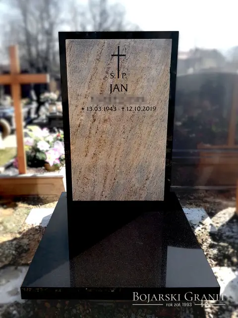 Minimalistyczny nagrobek urnowy z granitów "Kashmir Gold" i "Indian Black"