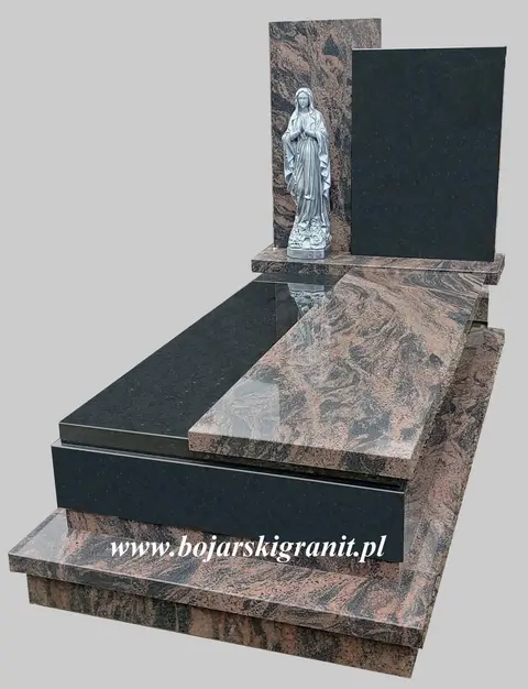 Nagrobek z kamienia "Aurora" oraz czarnego "Warangal" z figurką Matki Boskiej